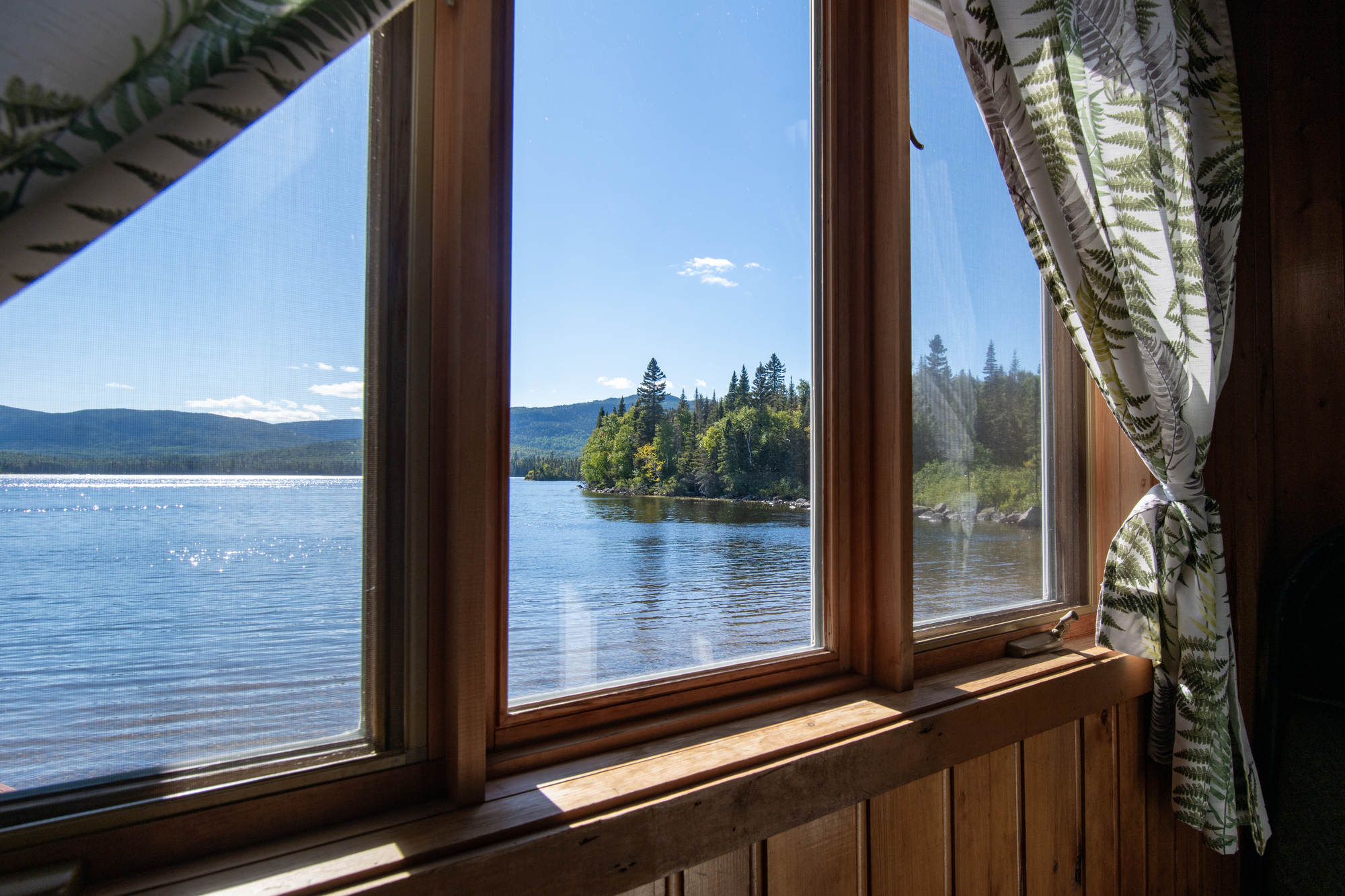 View of tranquil lake surrounded by trees and mountains through a large window with a wooden interior design