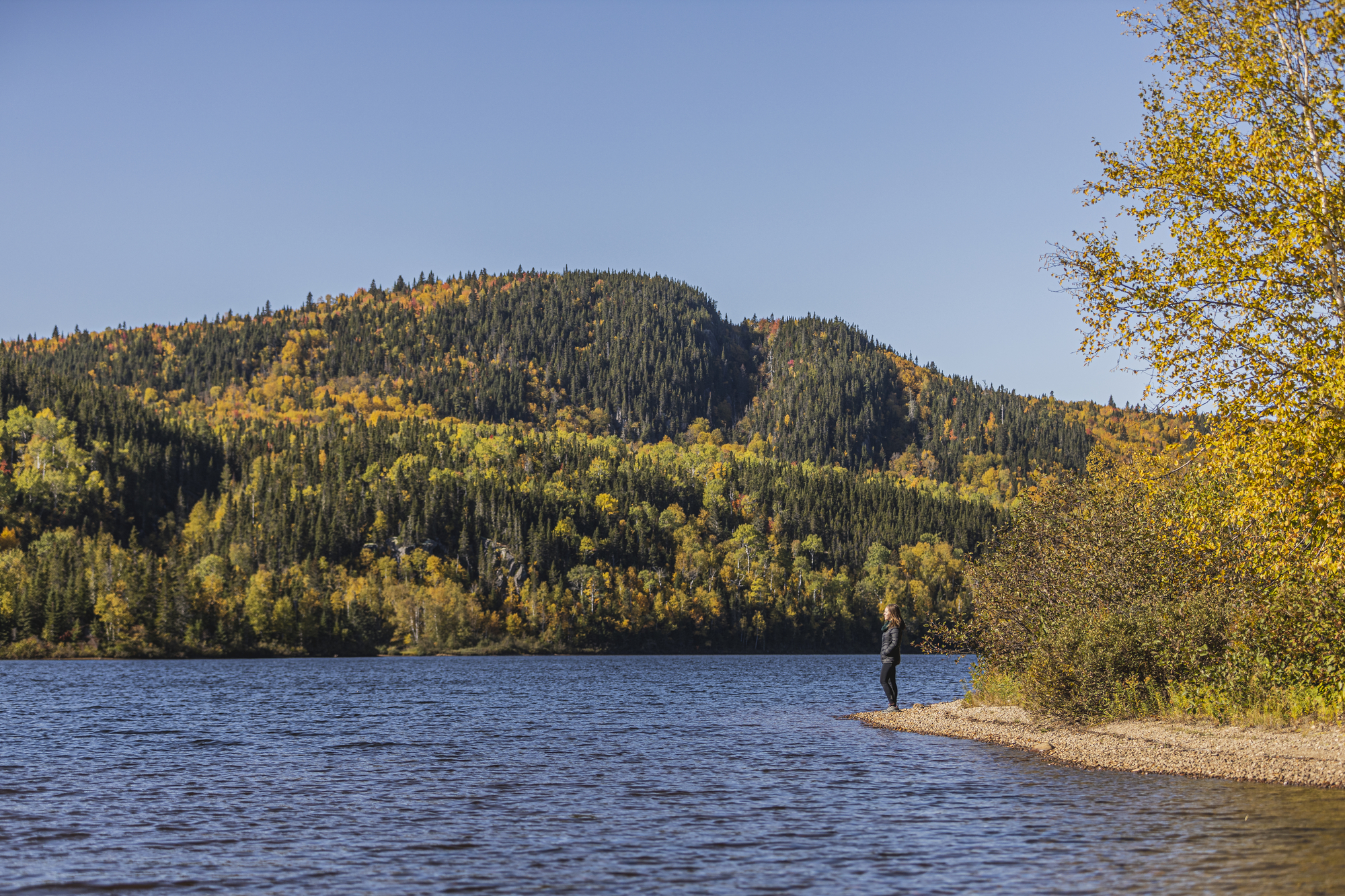Homme se tenant sur le rivage d'un lac entouré de montagnes colorées par l'automne dans la région de Charlevoix