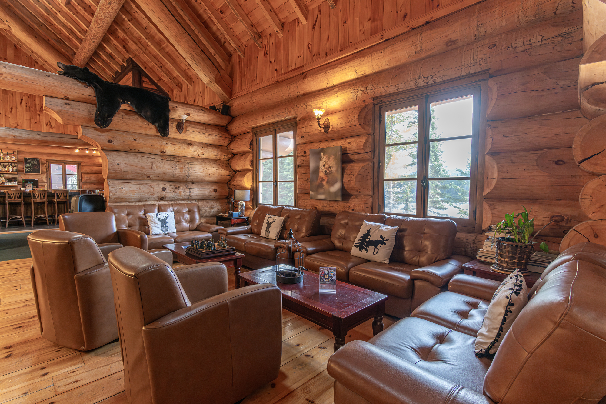 Cozy log cabin interior with leather sofas, wooden accents, and a warm atmosphere, ideal for relaxing in nature
