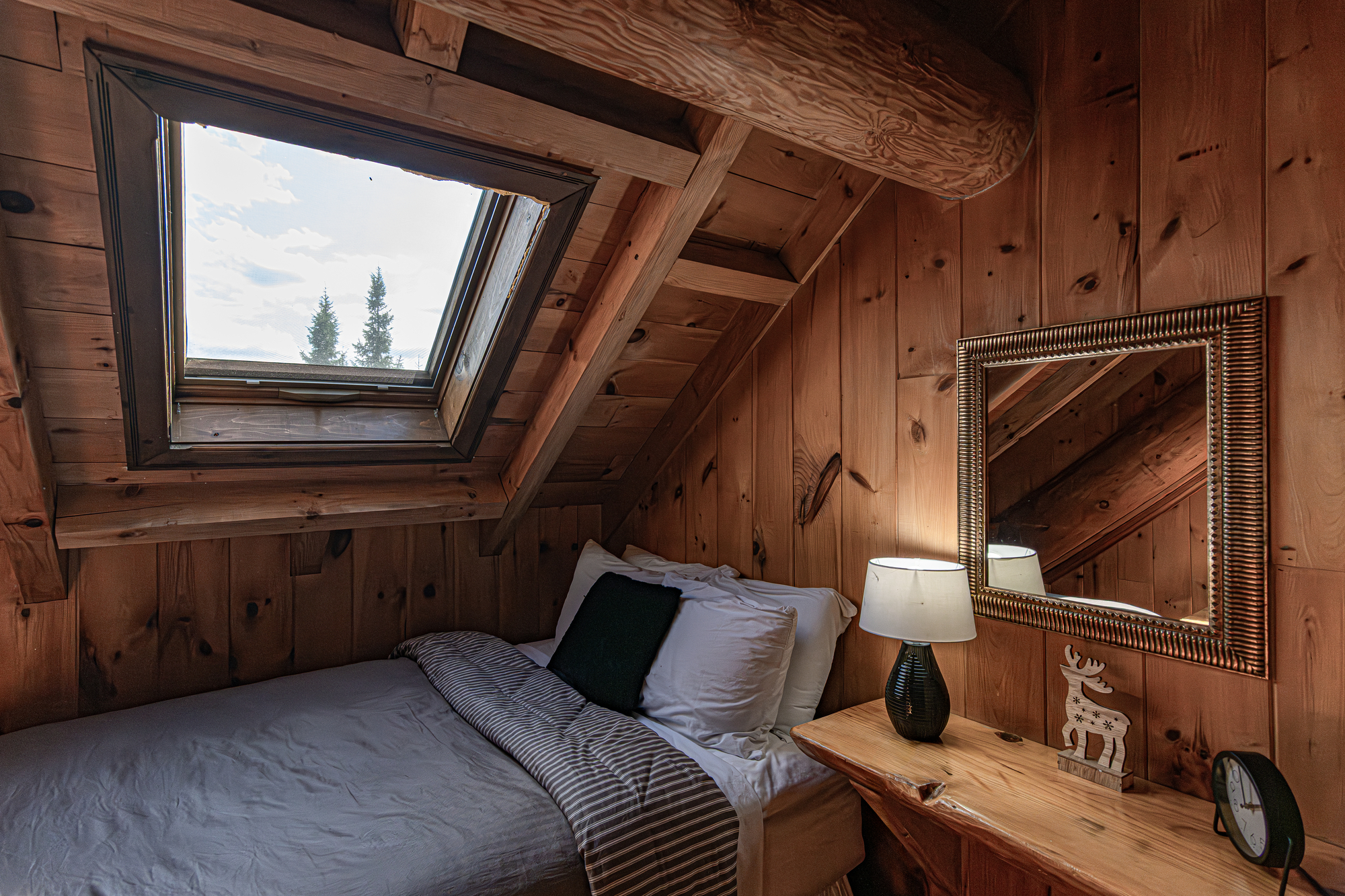 cozy wooden bedroom with sloped ceiling, skylight, bed with white linens, nightstand, and mirror