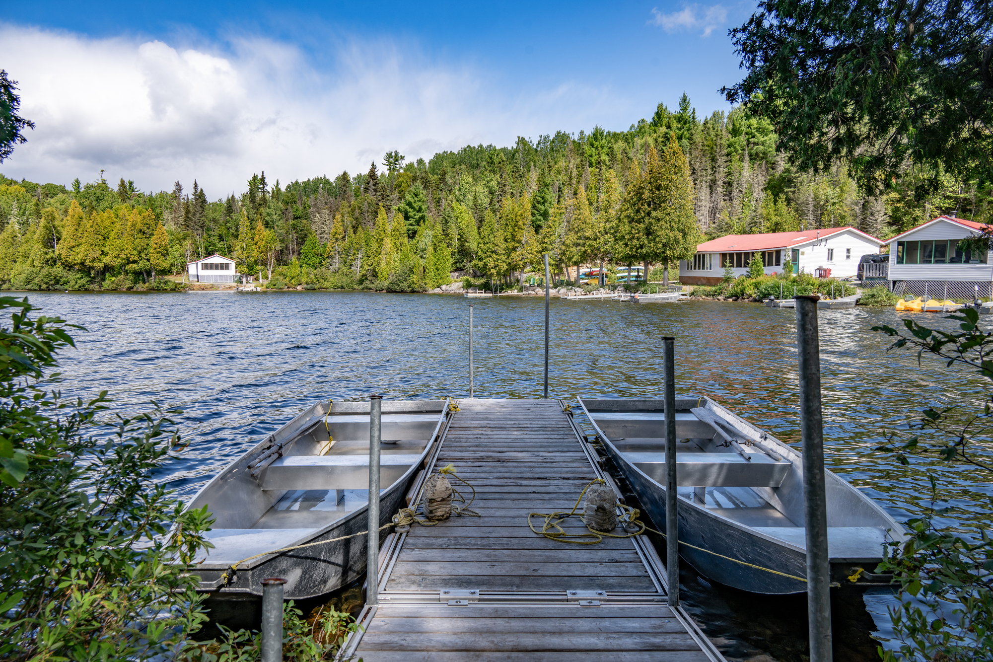 two fishing boats on a dock by a tranquil lake surrounded by lush trees and cabins in a serene natural setting