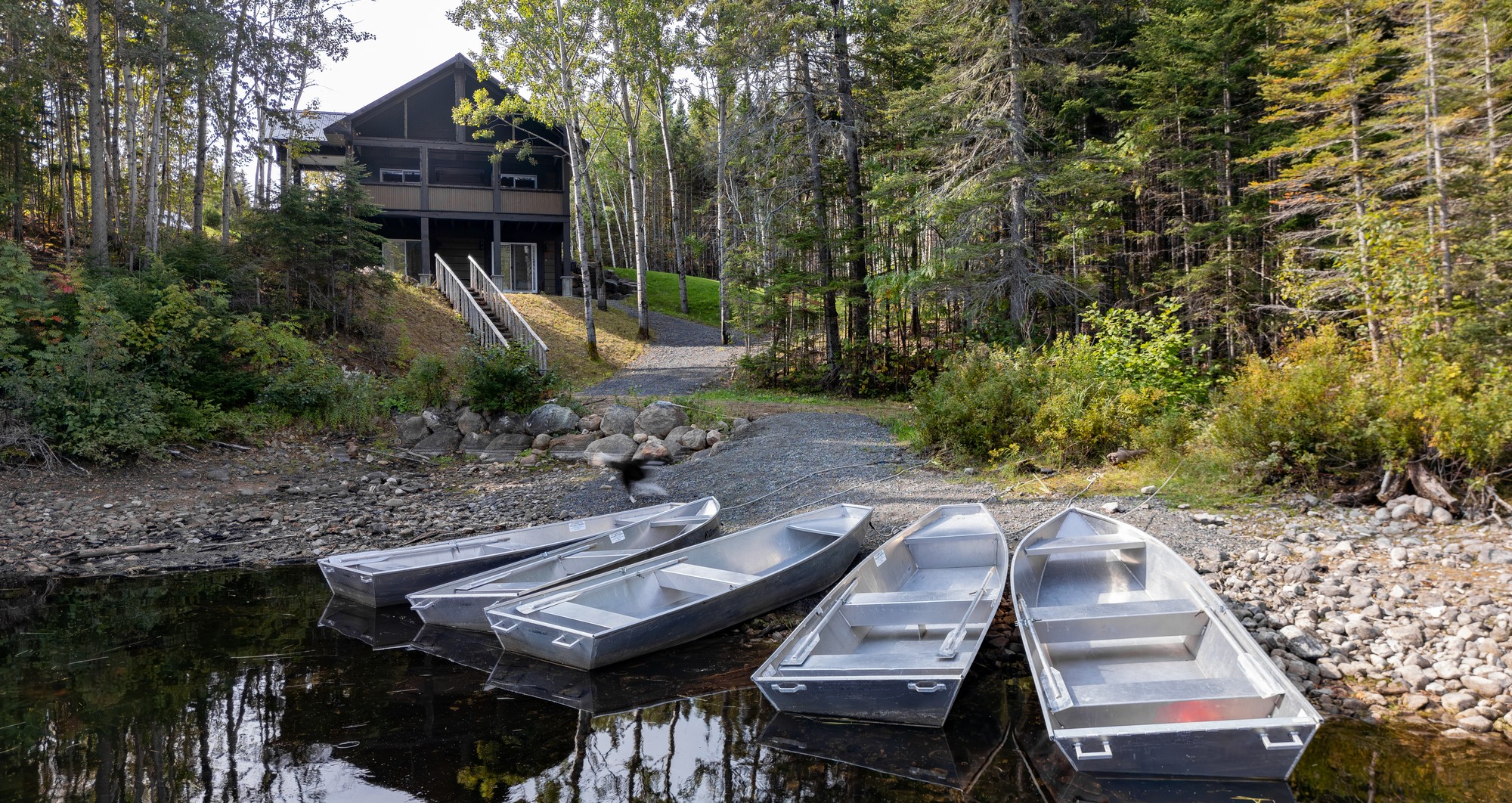 Quatre canots en aluminium sur la rive d'un lac, avec une cabane en bois en arrière-plan entourée d'arbres