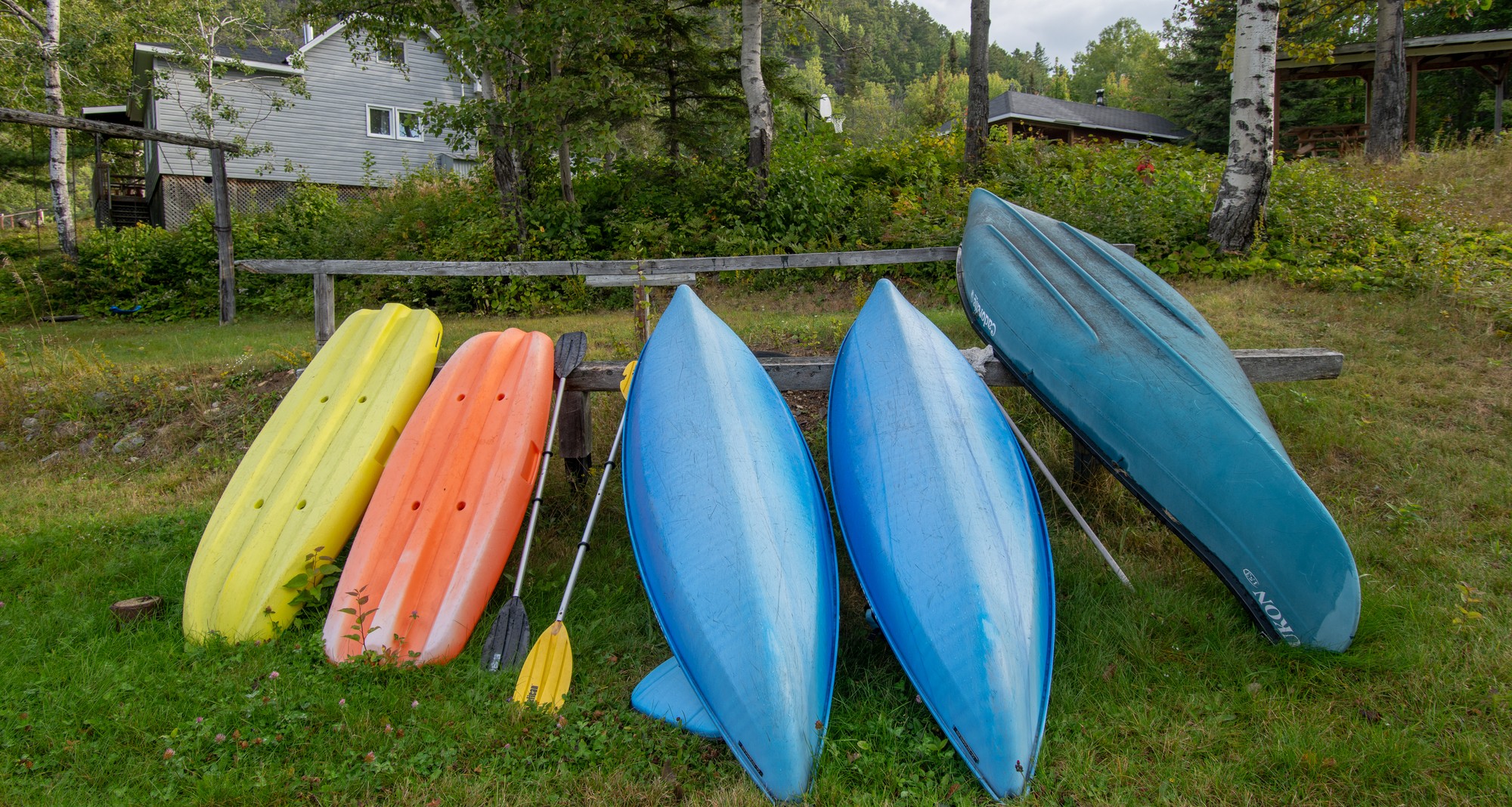 Kayaks de différentes couleurs alignés sur une pelouse, prêts pour des activités nautiques au Domaine Gaudias Foster